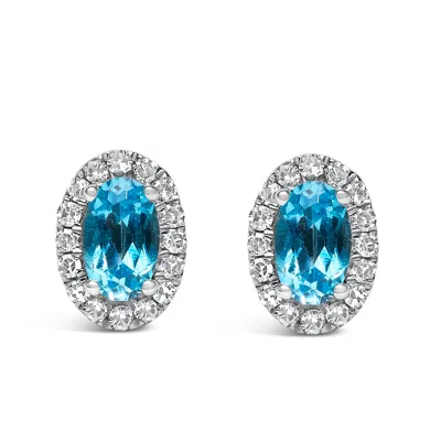 Haus Of Brilliance 10k White Gold 5x3 Mm Oval Cut Birthstone And Diamond Halo Stud Earrings In Blue