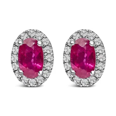 Haus Of Brilliance 10k White Gold 5x3 Mm Oval Red Ruby And Diamond Halo Stud Earrings (i-j Color