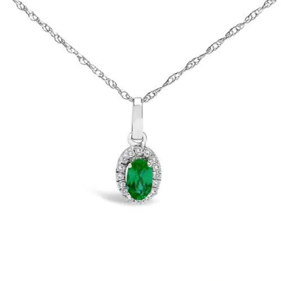 Haus Of Brilliance 10k White Gold 5x3mm Green Emerald And Diamond Accent Halo Oval Shape 18" Pendant