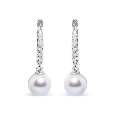 Haus Of Brilliance 10k White Gold 6x6 Mm Cultured Freshwater Pearl And Diamond Accent Drop Huggy Earring In Multi