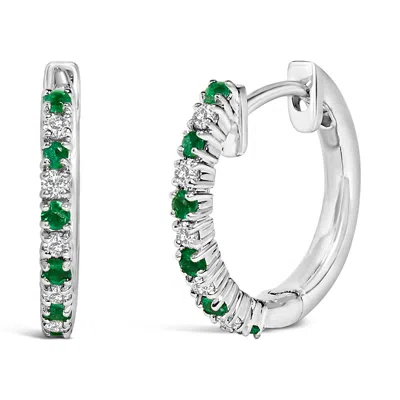 Haus Of Brilliance 10k White Gold Alternating Emerald 1/10 Cttw Diamond Huggy Hoop Earrings