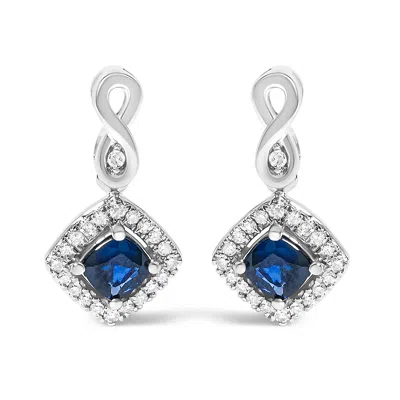 Haus Of Brilliance 10k White Gold Blue Sapphire And Diamond Halo Cushion Shaped Drop Earrings