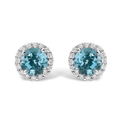 Haus Of Brilliance 10k White Gold Blue Topaz And 1/6 Cttw Diamond Halo Stud Earring In Metallic