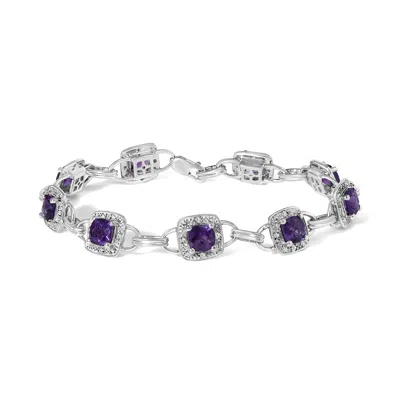Haus Of Brilliance 10k White Gold Cushion Cut Purple Amethyst And Diamond Halo Link Bracelet