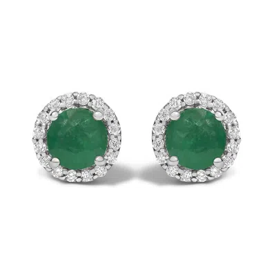 Haus Of Brilliance 10k White Gold Green Emerald And 1/6 Cttw Diamond Halo Stud Earring In Metallic
