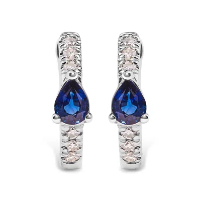 Haus Of Brilliance 10k White Gold Pear Shaped Blue Sapphire And 1/10 Cttw Diamond Huggy Hoop Earrings