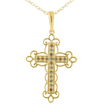 Haus Of Brilliance 10k Yellow Flashed .925 Sterling Silver 1/4 Cttw Champagne Diamond Filigree Cross Pendant Necklace