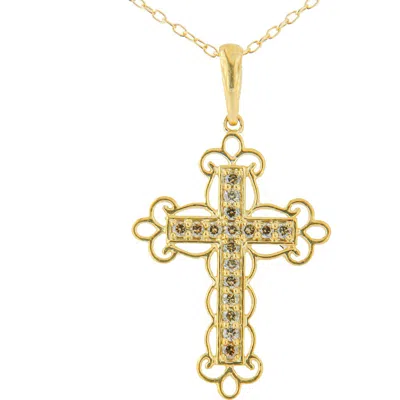 Haus Of Brilliance 10k Yellow Flashed .925 Sterling Silver 1/4 Cttw Champagne Diamond Filigree Cross Pendant Necklace