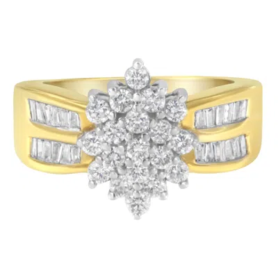 Haus Of Brilliance 10k Yellow Gold 1.0 Cttw Round & Baguette Cut Diamond Floral Cluster Double-channel Flared Band Stat