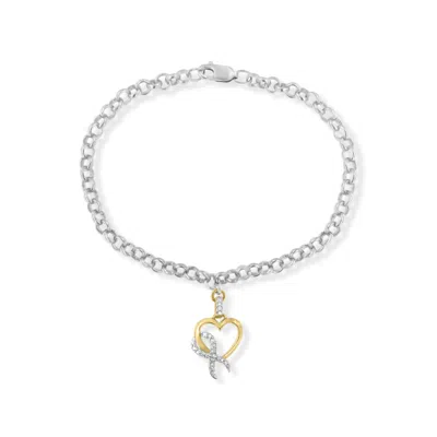 Haus Of Brilliance 10k Yellow Gold 1/10 Cttw Diamond Awareness Ribbon & Heart Charm On 7" .925 Sterling Silver Rolo Bra In Multi