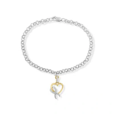 Haus Of Brilliance 10k Yellow Gold 1/10 Cttw Diamond Awareness Ribbon & Heart Charm On 7" .925 Sterling Silver Rolo Bra In Multi
