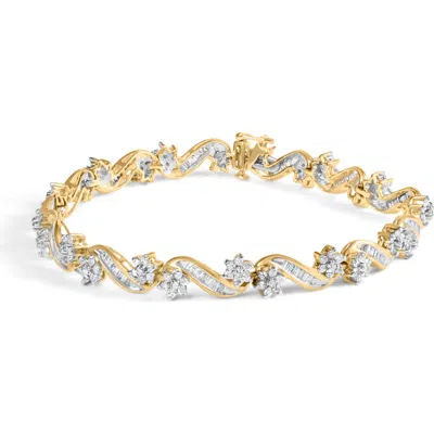 Haus Of Brilliance 10k Yellow Gold 3.00 Cttw Round-cut And Baguette-cut Floral Link 7.25" Bracelet (
