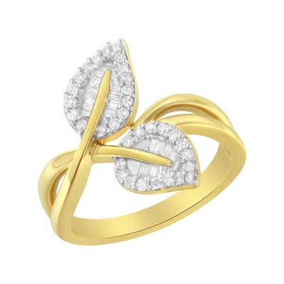 Haus Of Brilliance 10k Yellow Gold 3/8 Cttw Round And Baguette-cut Diamond Leaf Cocktail Ring