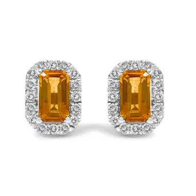 Haus Of Brilliance 10k Yellow Gold 5x3mm Emerald-cut Green Emerald And 1/7 Cttw Diamond Halo Octagonal Stud Earrings In Multi