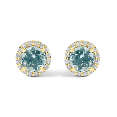 Haus Of Brilliance 10k Yellow Gold Blue Aquamarine And 1/6 Cttw Diamond Halo Stud Earring