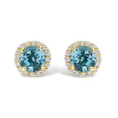 Haus Of Brilliance 10k Yellow Gold Blue Topaz And 1/6 Cttw Diamond Halo Stud Earring