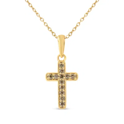 Haus Of Brilliance 10k Yellow Gold Flashed .925 Sterling Silver 1/4 Cttw Champagne Diamond Cross Pendant Necklace In Multi