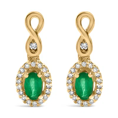 Haus Of Brilliance 10k Yellow Gold Oval Cut Green Emerald 5x3 Mm And 1/7 Cttw Round Diamond Dangle Earrings