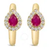 Haus Of Brilliance 10k Yellow Gold Pear Cut Red Ruby 4x3 Mm And 1/10 Cttw Round Diamond Huggy Earrin