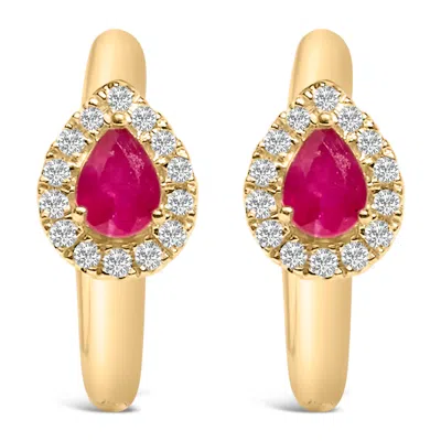 Haus Of Brilliance 10k Yellow Gold Pear Cut Red Ruby 4x3 Mm And 1/10 Cttw Round Diamond Huggy Earrings