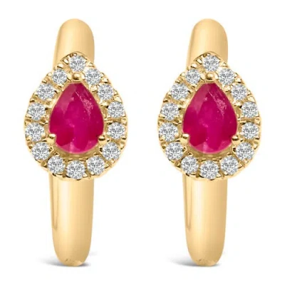 Haus Of Brilliance 10k Yellow Gold Pear Cut Red Ruby 4x3 Mm And 1/10 Cttw Round Diamond Huggy Earrin