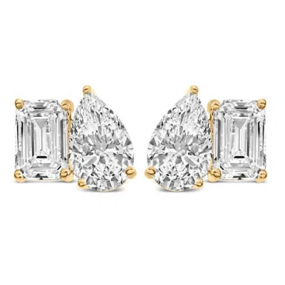 Haus Of Brilliance 14k Gold 2.0 Cttw Emerald And Pear Toi Et Moi Lab Grown Diamond Stud Earrings In Brown