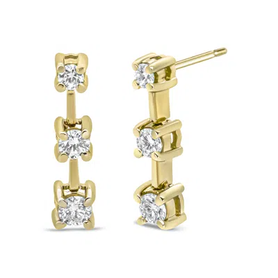 Haus Of Brilliance 14k Gold Round Diamond 3 Stone Graduated Linear Drop Past, Present And Future Stud Earrings In Yellow