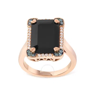 Haus Of Brilliance 14k Rose Gold Emerald-cut Black Onyx & 1/5 Cttw Blue And White Diamond Halo Cockt In Pink/rose Gold Tone/gold Tone