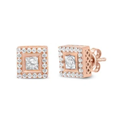 Haus Of Brilliance 14k Rose Gold Plated Silver 1/2 Ct Diamond Halo Square-shaped Frame Stud Earring In Pink