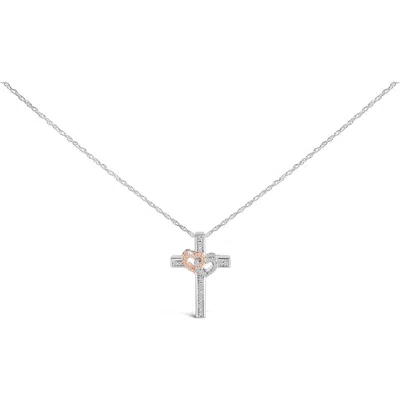 Haus Of Brilliance 14k Rose Gold Plated Sterling Silver 1/10 Cttw Diamond Cross & Heart Pendant Necklace In Brown