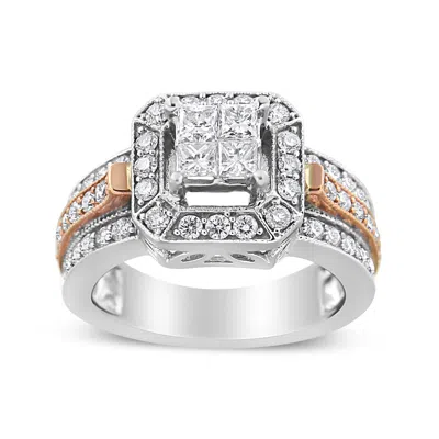 Haus Of Brilliance 14k White And Rose Gold 1 1/8 Cttw Princess And Round-cut Diamond Art Deco Style Triple Shank Halo C In Multi