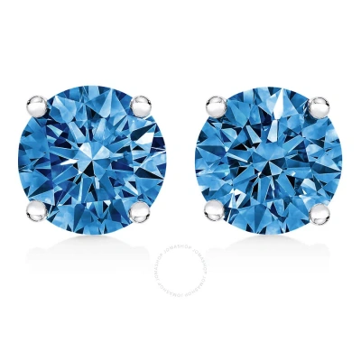 Haus Of Brilliance 14k White Gold 1.0 Cttw Round Brilliant Cut Lab Grown Blue Diamond 4-prong Classic Solitaire Stud Ea