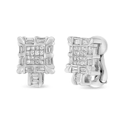Haus Of Brilliance 14k White Gold 1.0 Cttw Princess And Baguette-cut Diamond Square Framed Huggie Hoop Omega Earrings In Metallic