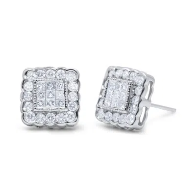 Haus Of Brilliance 14k White Gold 1.0 Cttw Round Brilliant & Princess Cut Diamond Scallop-edge Framed Square Halo Stud