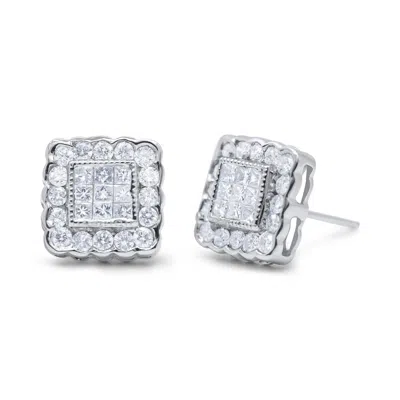 Haus Of Brilliance 14k White Gold 1.0 Cttw Round Brilliant & Princess Cut Diamond Scallop-edge Framed Square Halo Stud  In Silver