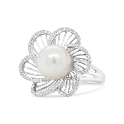 Haus Of Brilliance 14k White Gold 11mm Round Pearl And 1/3 Cttw Round Diamond Openwork Flower Blossom Ring