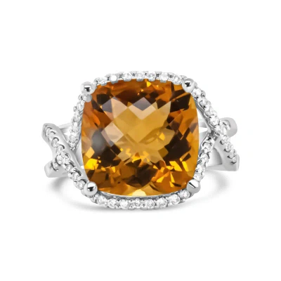 Haus Of Brilliance 14k White Gold 12mm Cushion Cut Yellow Citrine Gemstone And 1/3 Cttw Round Pave-set Diamond Ring In Grey