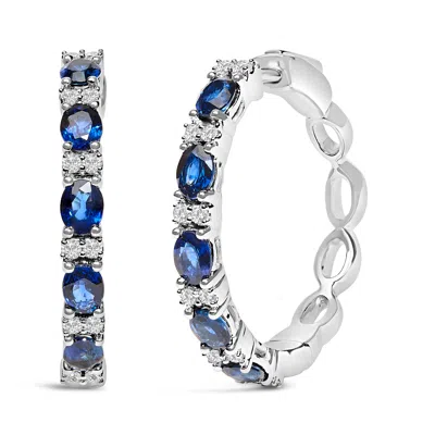 Haus Of Brilliance 14k White Gold 4x3mm Oval Blue Sapphire And 1/4 Cttw Diamond Alternating Hoop Earring