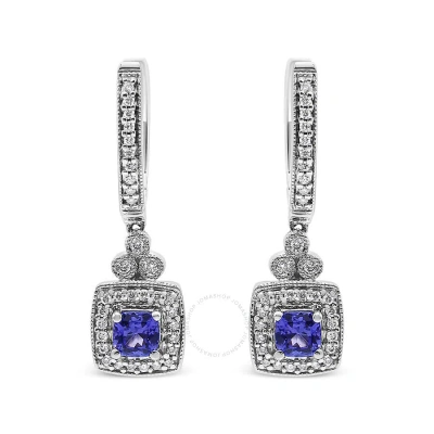 Haus Of Brilliance 14k White Gold 4x4 Mm Cushion Shaped Blue Tanzanite And 1/3 Cttw Diamond Halo 1" Inch Drop And Dangl