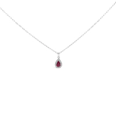 Haus Of Brilliance 14k White Gold 6x4 Pear Red Ruby And Diamond Halo Pendant Necklace In Metallic