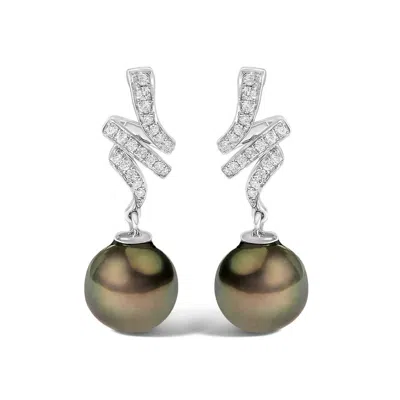 HAUS OF BRILLIANCE HAUS OF BRILLIANCE 14K WHITE GOLD 9MM CULTURED BLACK PEARL AND DIAMOND ACCENT DROP AND DANGLE EARRIN