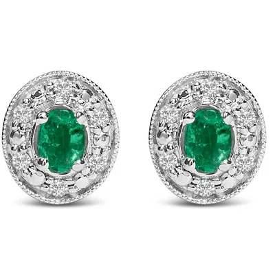 HAUS OF BRILLIANCE 14K WHITE GOLD OVAL GREEN EMERALD AND 1/10 CTTW DIAMOND HALO STUD EARRINGS