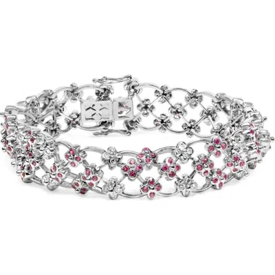 Haus Of Brilliance 14k White Gold Pink Sapphire And Diamond Floral Lattice Link Bracelet In Metallic