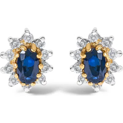 Haus Of Brilliance 14k Yellow Gold 1/4 Cttw Diamond And Blue Sapphire Sunburst Halo Stud Earrings In Metallic