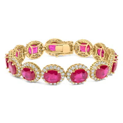 Haus Of Brilliance 14k Yellow Gold 6 2/5 Cttw Diamond And 34.0 Cttw Oval Red Ruby Halo Link Bracelet