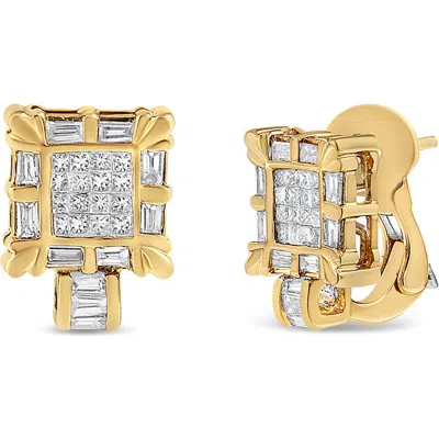Haus Of Brilliance 14k Yellow Gold 7/8 Cttw Princess And Baguette-cut Diamond Square Framed Huggie Hoop Omega Earrings