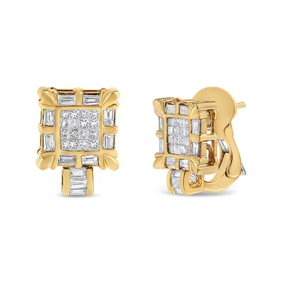 Haus Of Brilliance 14k Yellow Gold 7/8 Cttw Princess And Baguette-cut Diamond Square Framed Huggie Hoop Omega Earrings