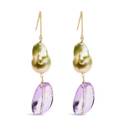 Haus Of Brilliance 14k Yellow Gold Amethyst And Baroque Pearl Drop And Dangle Earrings 2" Inch Dangl