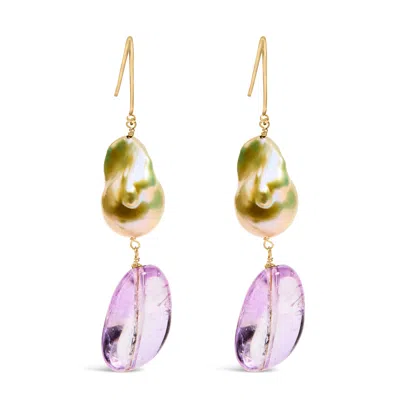 Haus Of Brilliance 14k Yellow Gold Amethyst And Baroque Pearl Drop And Dangle Earrings 2" Inch Dangle Length