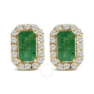 Haus Of Brilliance 14k Yellow Gold Green Emerald And 1/8 Cttw Diamond Halo Octagonal Shaped Stud Ear